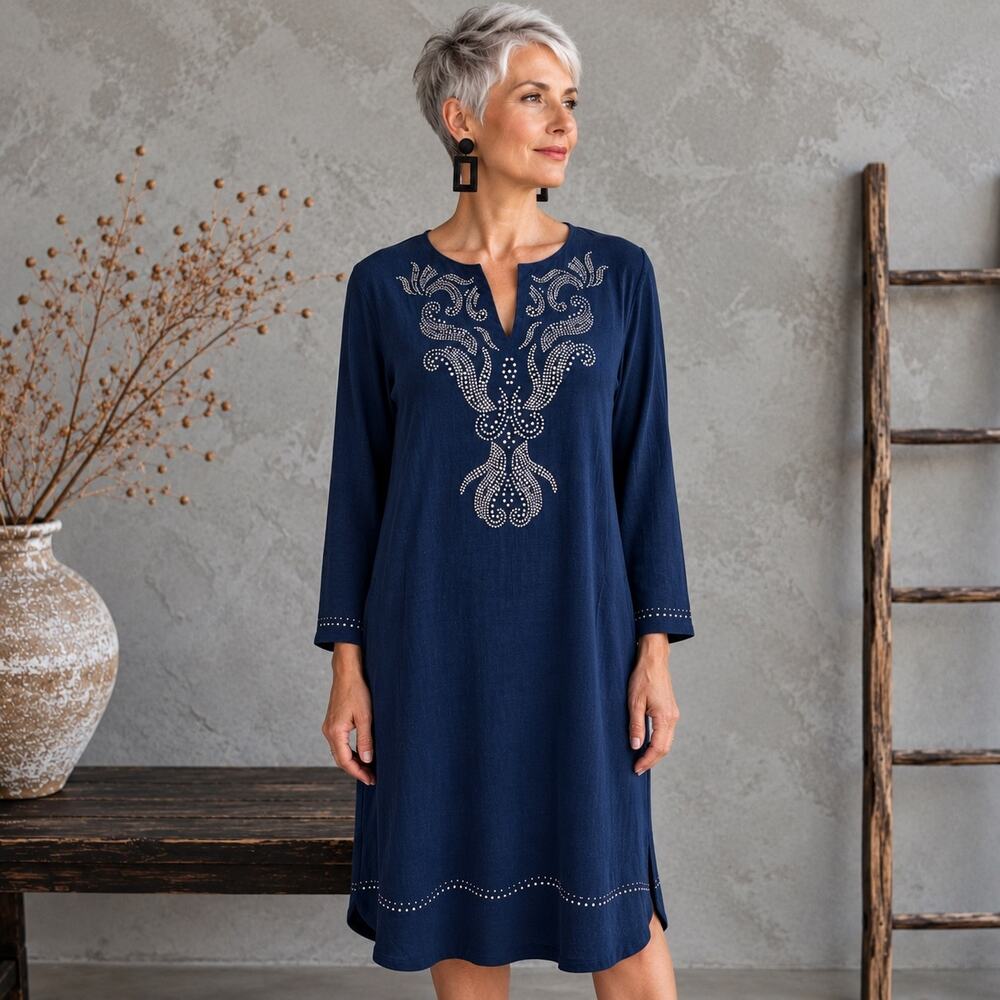 Soft Surroundings Navy Faux Suede Embellished Dress Medium